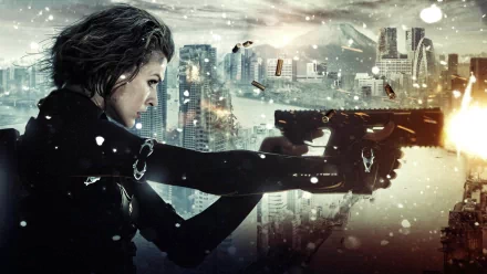 Milla Jovovich in action from the movie Resident Evil: Retribution, depicting a dynamic scene with a gun amidst a dramatic urban backdrop. HD desktop wallpaper.