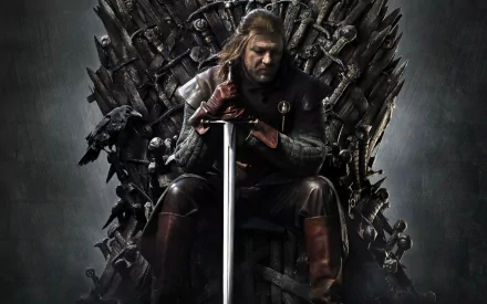 Eddard Stark, portrayed by Sean Bean, sits on the Iron Throne in a HD desktop wallpaper from the TV show Game of Thrones.