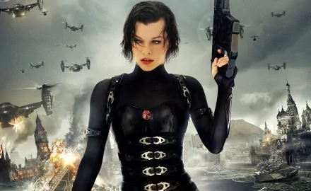 A high-definition desktop wallpaper featuring a character from the movie Resident Evil: Retribution, posed with a firearm against a post-apocalyptic backdrop.