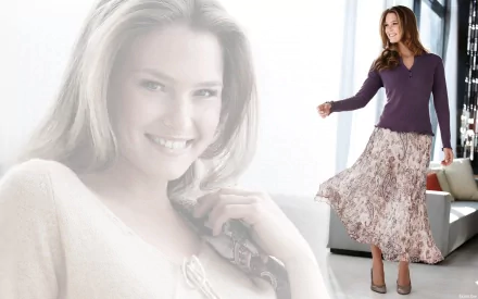 HD PC desktop wallpaper featuring celebrity Bar Refaeli smiling softly in a faded close-up with a full-body shot of her walking gracefully in a flowy skirt and purple top.