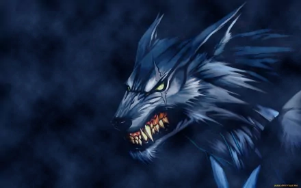 HD desktop wallpaper featuring a menacing werewolf with glowing eyes and sharp teeth in a dark, ominous setting.