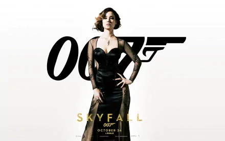 Bérénice Marlohe as Sévérine from the James Bond movie Skyfall, featured in an HD PC desktop wallpaper with the iconic 007 gun logo.
