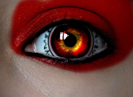 Artistic HD PC desktop wallpaper: close-up of an eye with fiery orange iris, black rune-like markings on the sclera and bold red eye shadow on pale skin.