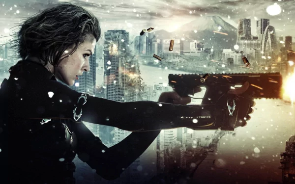 Milla Jovovich in action from the movie Resident Evil: Retribution, depicting a dynamic scene with a gun amidst a dramatic urban backdrop. HD desktop wallpaper.
