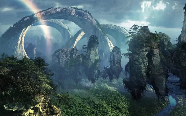 HD desktop wallpaper featuring a rain-soaked forest with floating islands, a vibrant rainbow, and winding river, inspired by the movie Avatar's lush natural landscape.