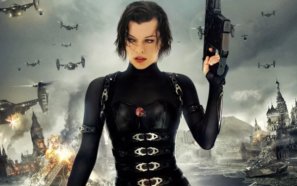 A high-definition desktop wallpaper featuring a character from the movie Resident Evil: Retribution, posed with a firearm against a post-apocalyptic backdrop.