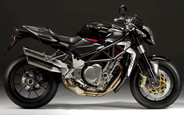 HD desktop wallpaper featuring a sleek black MV Agusta motorcycle against a dark background, highlighting its sporty design and intricate details.