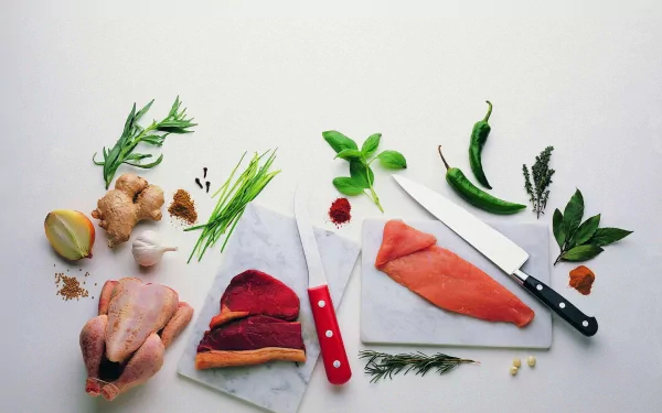 HD PC desktop wallpaper showing an array of fresh raw meats, herbs, spices, and knives arranged on a white background.
