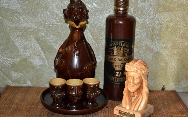 A beautifully arranged display of food and liquor, featuring a dark bottle, ornate cups, and a carved figure, creating an inviting HD desktop wallpaper.