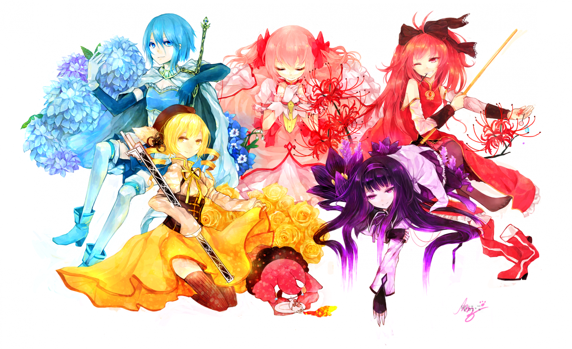 HD desktop wallpaper featuring Charlotte, Sayaka Miki, Mami Tomoe, Kyōko Sakura, Madoka Kaname, and Homura Akemi from the anime Puella Magi Madoka Magica in vibrant colors.