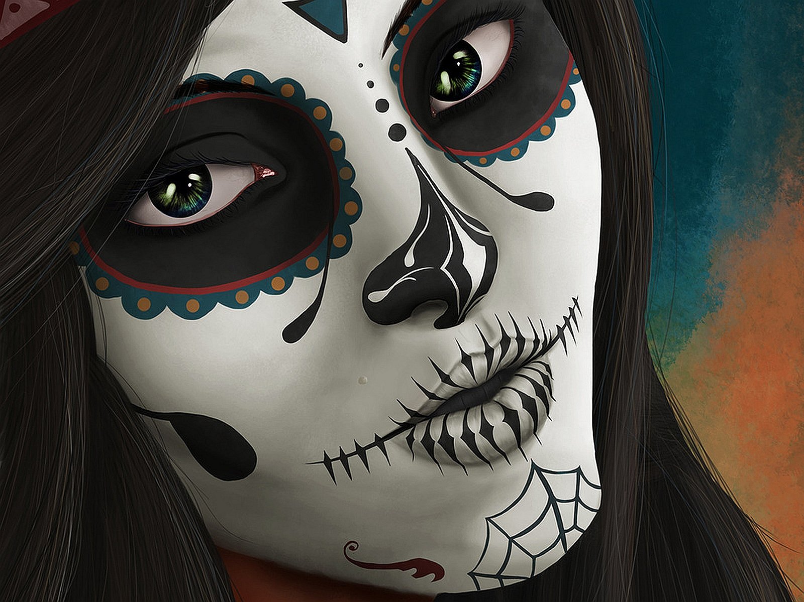 A captivating artistic sugar skull design featuring a woman with intricate face paint and striking green eyes, making an engaging HD desktop wallpaper and background.