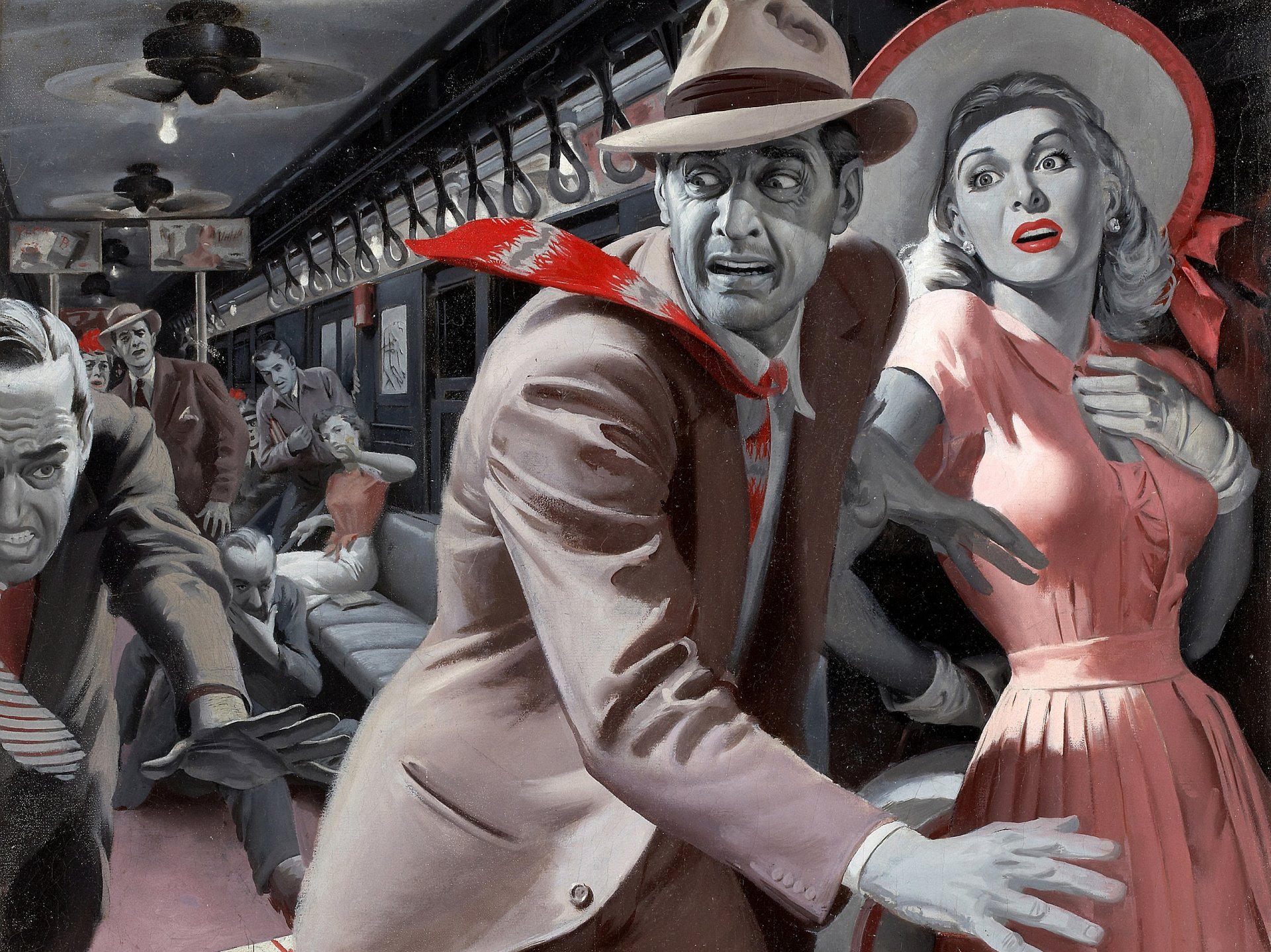 Fantasy adventure 2K Quad HD PC desktop wallpaper: noir-style train carriage, fedora-clad man shielding a terrified woman in a red dress as panicked passengers react.