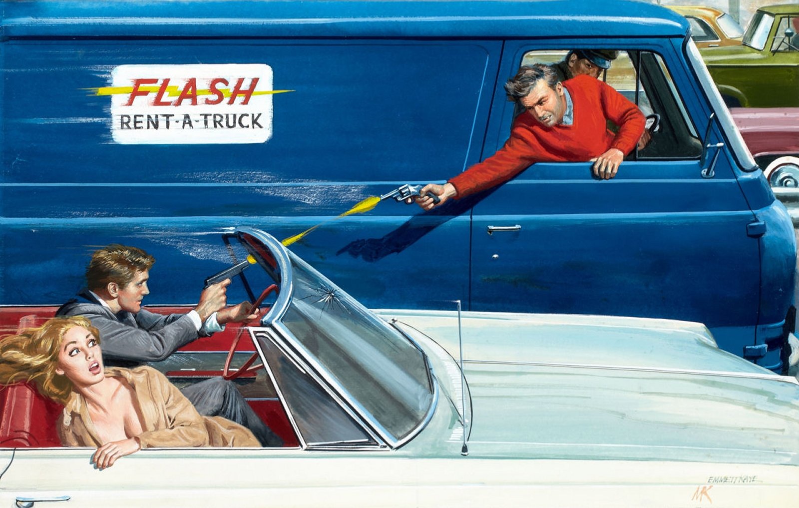 Fantasy adventure HD PC desktop wallpaper: pulp-style chase with a blue Flash Rent-A-Truck van firing a luminous blast at a white convertible carrying a shocked couple.