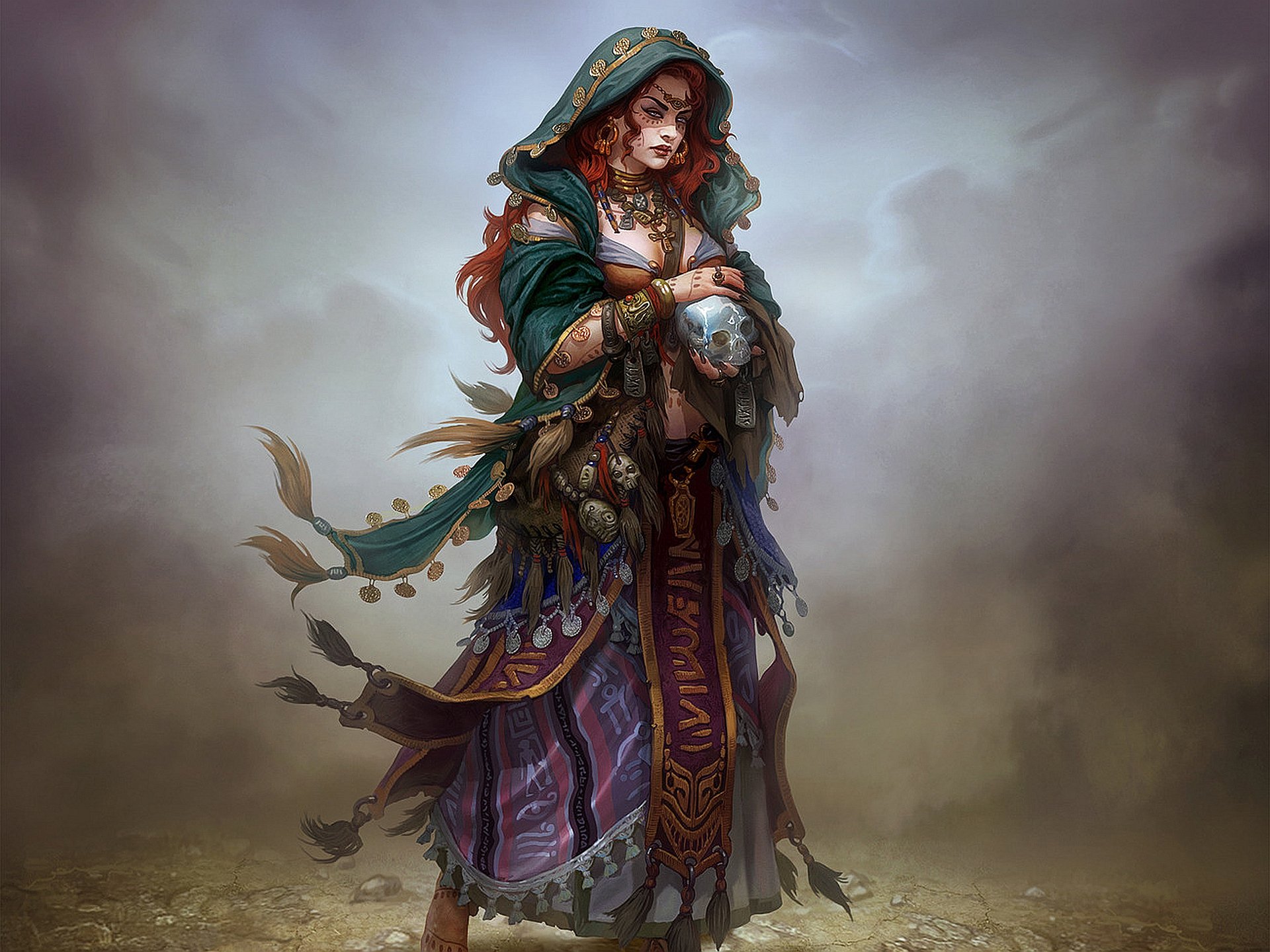A mystical woman draped in elaborate robes stands confidently, holding a crystal orb. This high-definition fantasy artwork serves as an enchanting desktop wallpaper.