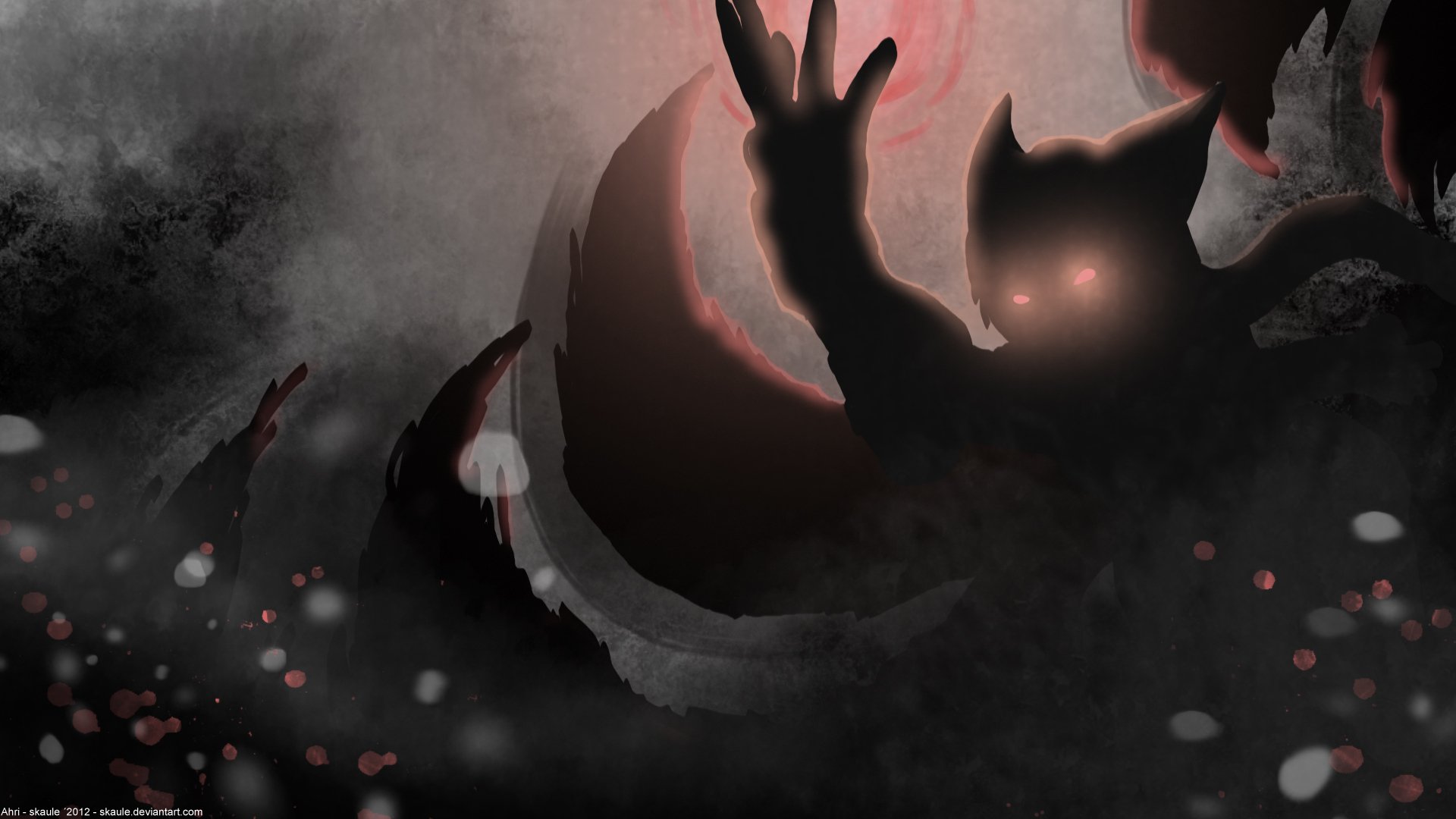 Dark, shadowy figure with glowing eyes and raised hands set against a misty background, featured as an HD PC desktop wallpaper from the video game League of Legends.