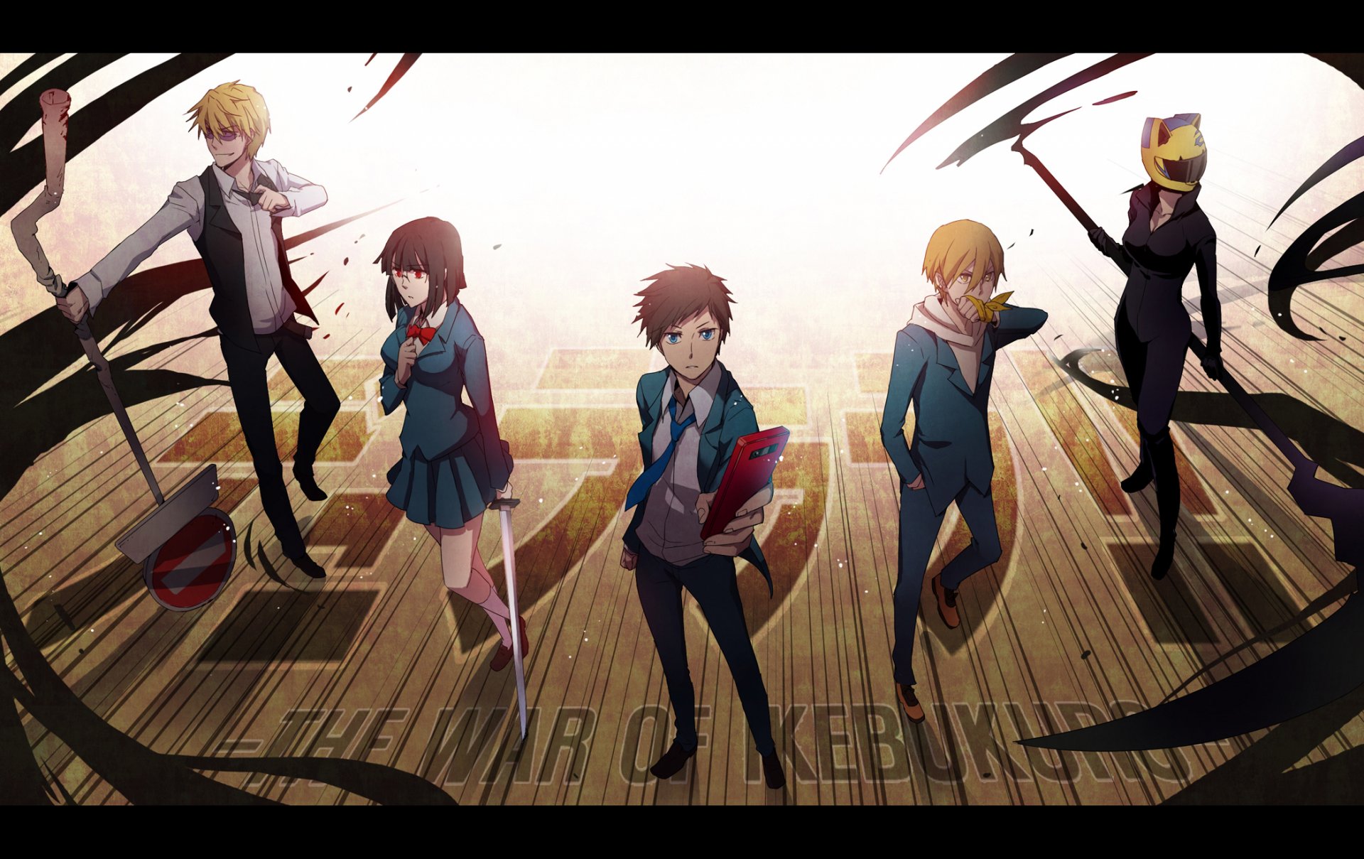 A dynamic HD wallpaper featuring characters Masaomi Kida, Shizuo Heiwajima, Celty Sturluson, Anri Sonohara, and Mikado Ryūgamine from the anime Durarara!!, set against an action-packed background.