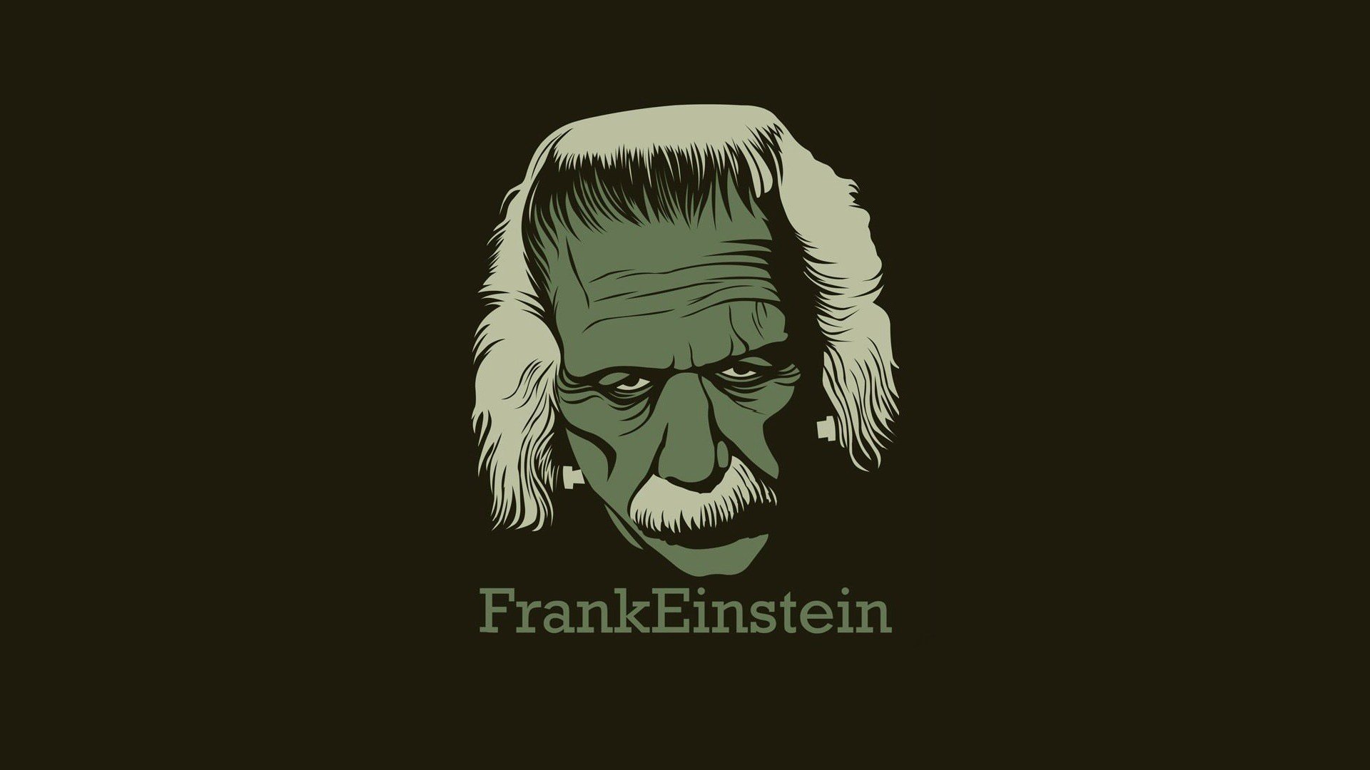 A humorous HD desktop wallpaper featuring an illustrated character resembling a quirky scientist with the name FrankEinstein below.
