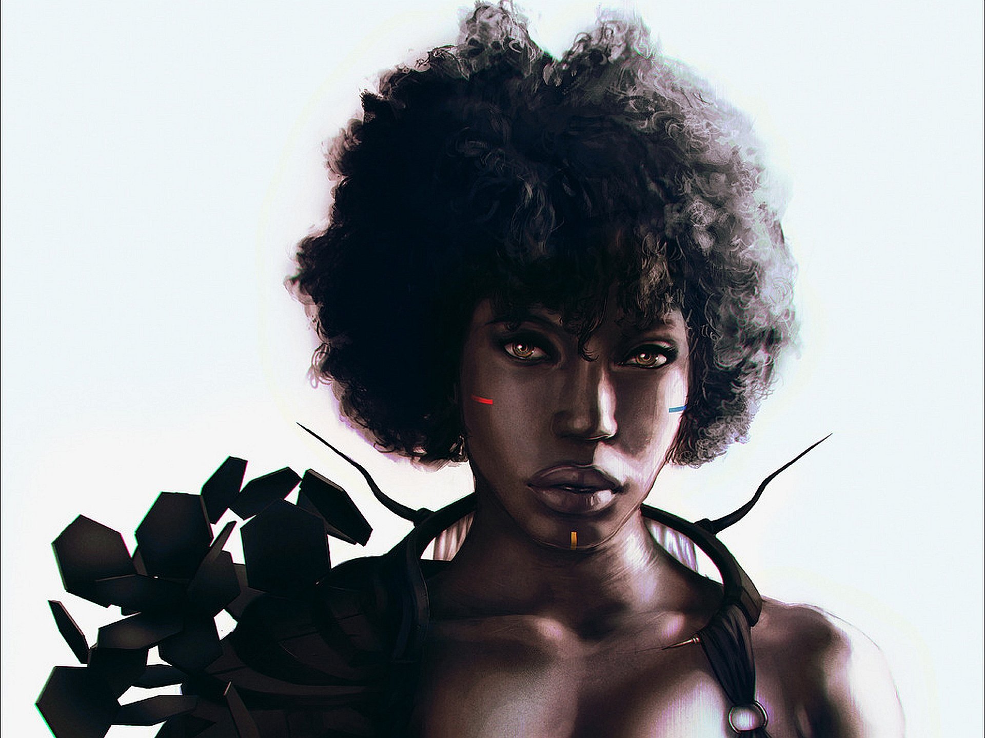 HD fantasy PC desktop wallpaper featuring a woman with an afro hairstyle and dark, ethereal elements surrounding her.