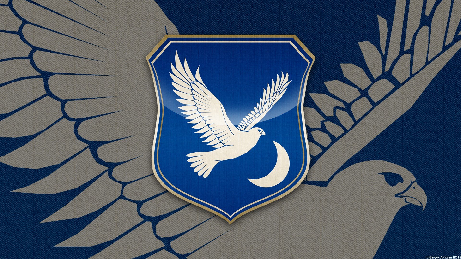 HD PC desktop wallpaper of TV show Game of Thrones: a blue shield with a white dove and crescent moon over a beige-and-blue backdrop of stylized wings and an eagle head.