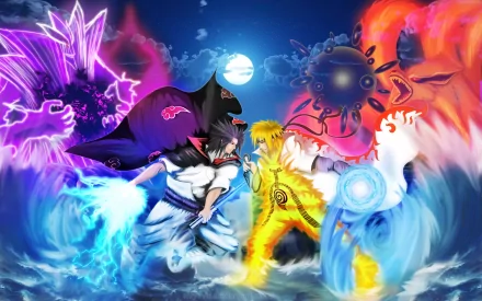 An HD desktop wallpaper featuring Naruto Uzumaki and Sasuke Uchiha from the anime Naruto, depicted in a dynamic confrontation with Rasengan, Susanoo, and Kurama in the background.