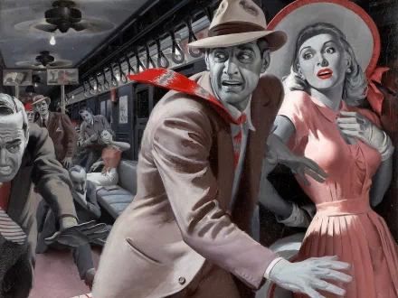 Fantasy adventure 2K Quad HD PC desktop wallpaper: noir-style train carriage, fedora-clad man shielding a terrified woman in a red dress as panicked passengers react.