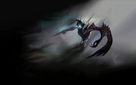 Nocturne from the League of Legends video game emerging from shadow with glowing eyes and curved blades, dark mist background — 2K Quad HD PC desktop wallpaper.