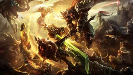 An epic scene from League of Legends featuring champions Kayle, Tristana, Shaco, Mordekaiser, Master Yi, Nidalee, Leona, Katarina, Cho'Gath, and Alistar in battle. HD wallpaper background.