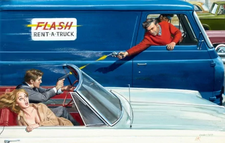 Fantasy adventure HD PC desktop wallpaper: pulp-style chase with a blue Flash Rent-A-Truck van firing a luminous blast at a white convertible carrying a shocked couple.