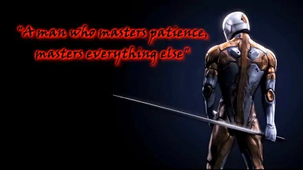 HD PC desktop wallpaper featuring a sci-fi cyborg warrior from Metal Gear, showcasing advanced technology and a sword with the quote, A man who masters patience, masters everything else.