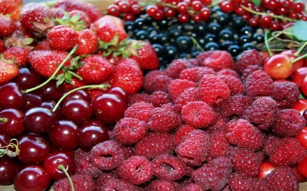 HD PC desktop wallpaper showcasing a vibrant assortment of fresh berries, including raspberries, strawberries, cherries, and blackcurrants in rich red and dark hues.