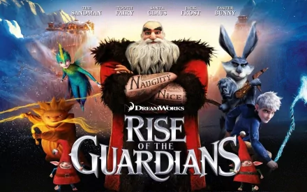 HD wallpaper featuring characters from Rise of the Guardians, including Jack Frost, Santa Claus, the Easter Bunny, and others, set against a mystical background.