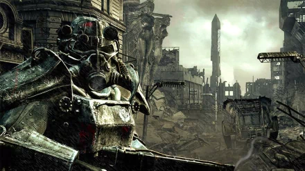 A detailed HD desktop wallpaper from Fallout 3, showcasing a post-apocalyptic landscape with a heavily armored character in the foreground amid ruined buildings and a bleak sky.