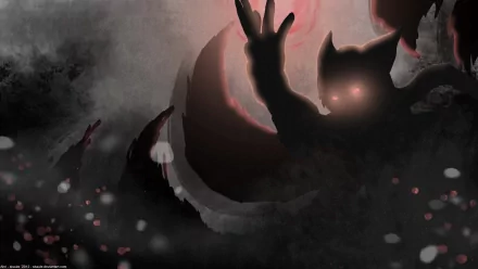 Dark, shadowy figure with glowing eyes and raised hands set against a misty background, featured as an HD PC desktop wallpaper from the video game League of Legends.