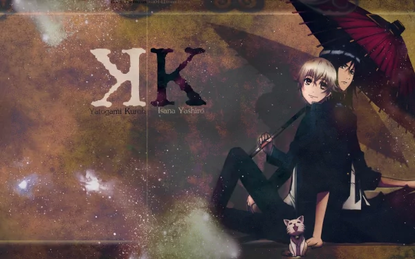 HD PC desktop wallpaper featuring Kuroh Yatogami and Yashiro Isana from the anime K Project, with a cosmic background and the K Project logo.