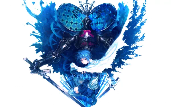 HD anime desktop wallpaper featuring Sayaka Miki from Puella Magi Madoka Magica and Oktavia von Seckendorff with a dynamic blue and black color scheme.