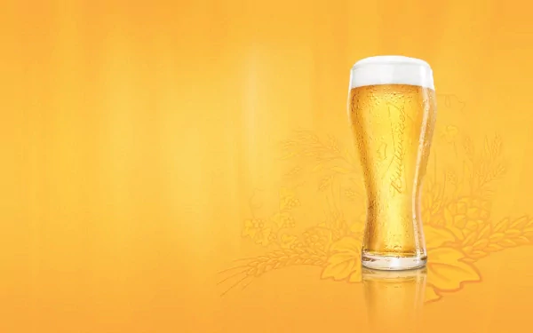 HD PC desktop wallpaper featuring a tall glass of cold beer against a bright orange background with subtle food-themed illustrations.