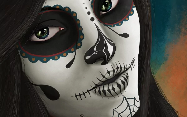 A captivating artistic sugar skull design featuring a woman with intricate face paint and striking green eyes, making an engaging HD desktop wallpaper and background.