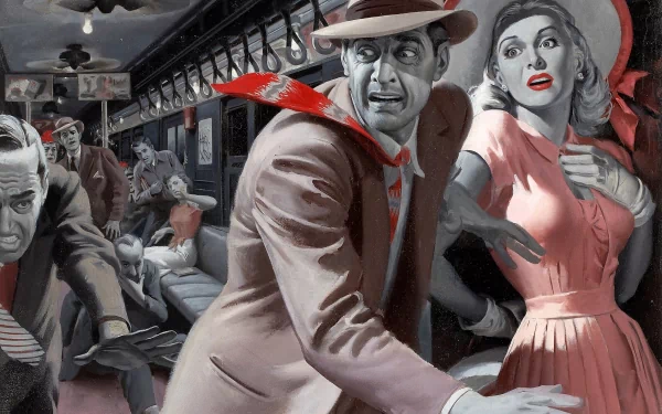 Fantasy adventure 2K Quad HD PC desktop wallpaper: noir-style train carriage, fedora-clad man shielding a terrified woman in a red dress as panicked passengers react.