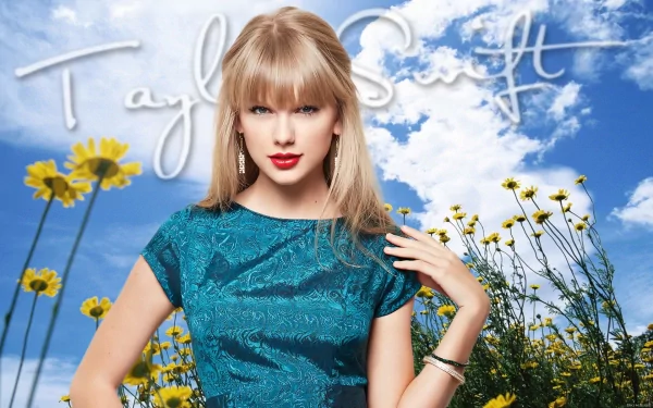 HD desktop wallpaper featuring Taylor Swift standing in a field of yellow flowers under a clear blue sky with white clouds. Her name is written in stylish cursive across the top.