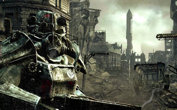A detailed HD desktop wallpaper from Fallout 3, showcasing a post-apocalyptic landscape with a heavily armored character in the foreground amid ruined buildings and a bleak sky.