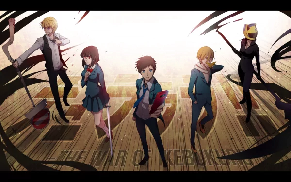 A dynamic HD wallpaper featuring characters Masaomi Kida, Shizuo Heiwajima, Celty Sturluson, Anri Sonohara, and Mikado Ryūgamine from the anime Durarara!!, set against an action-packed background.