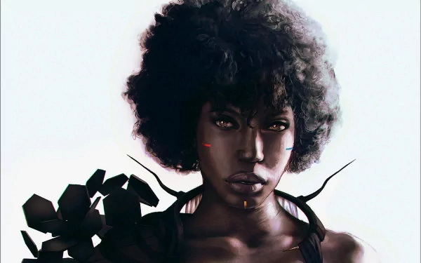 HD fantasy PC desktop wallpaper featuring a woman with an afro hairstyle and dark, ethereal elements surrounding her.