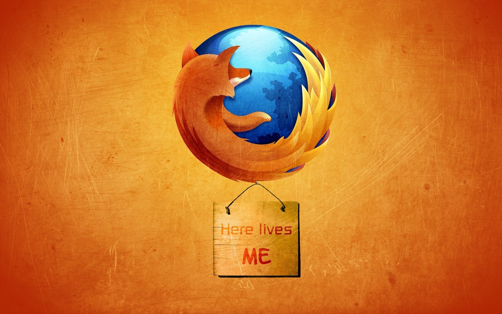 HD desktop wallpaper featuring the Firefox logo—a stylized fox curled around a blue globe—on an orange textured background, representing technology and internet browsing.