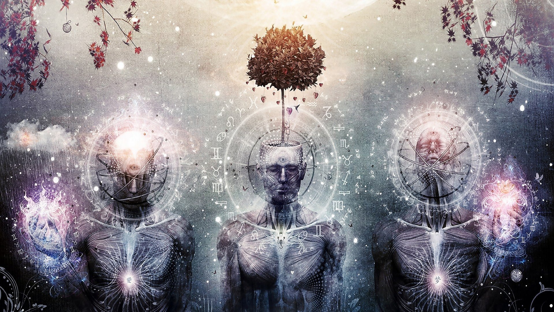 Artistic HD PC desktop wallpaper featuring three human figures with glowing geometric symbols and a tree growing from the central figure’s head, set in a mystical atmosphere.