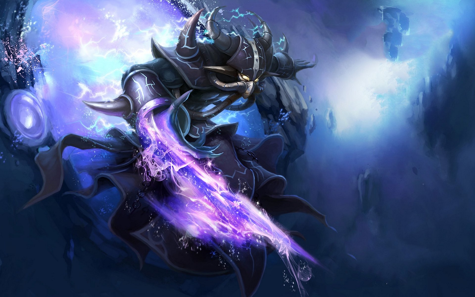 Kassadin (League Of Legends) charging a glowing purple void blade amid swirling blue void energy — 4K Ultra HD video game PC desktop wallpaper/background.