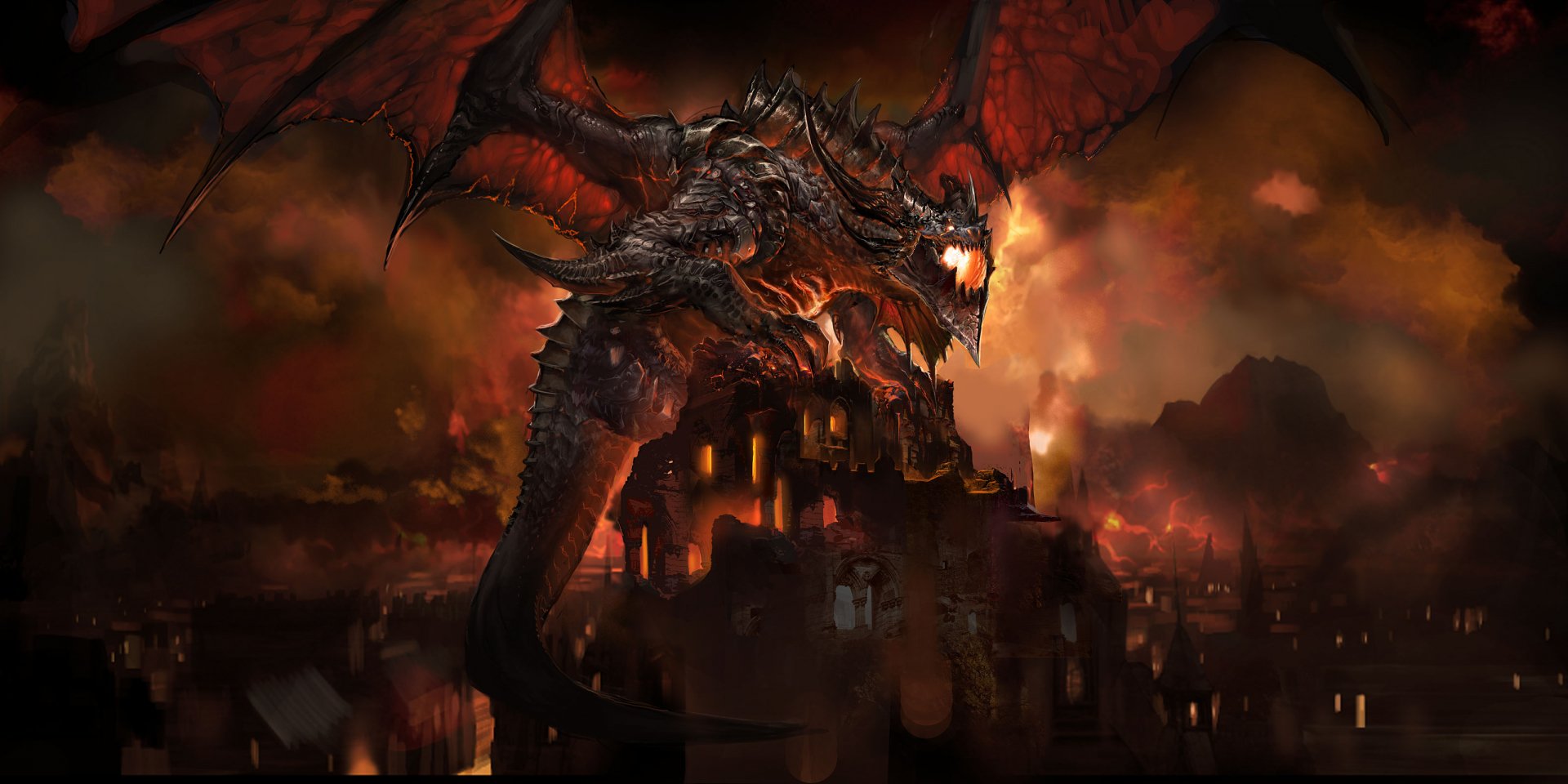A fierce dragon from World of Warcraft looms over a burning city, showcased in stunning HD detail. This dramatic scene serves as an epic desktop wallpaper.