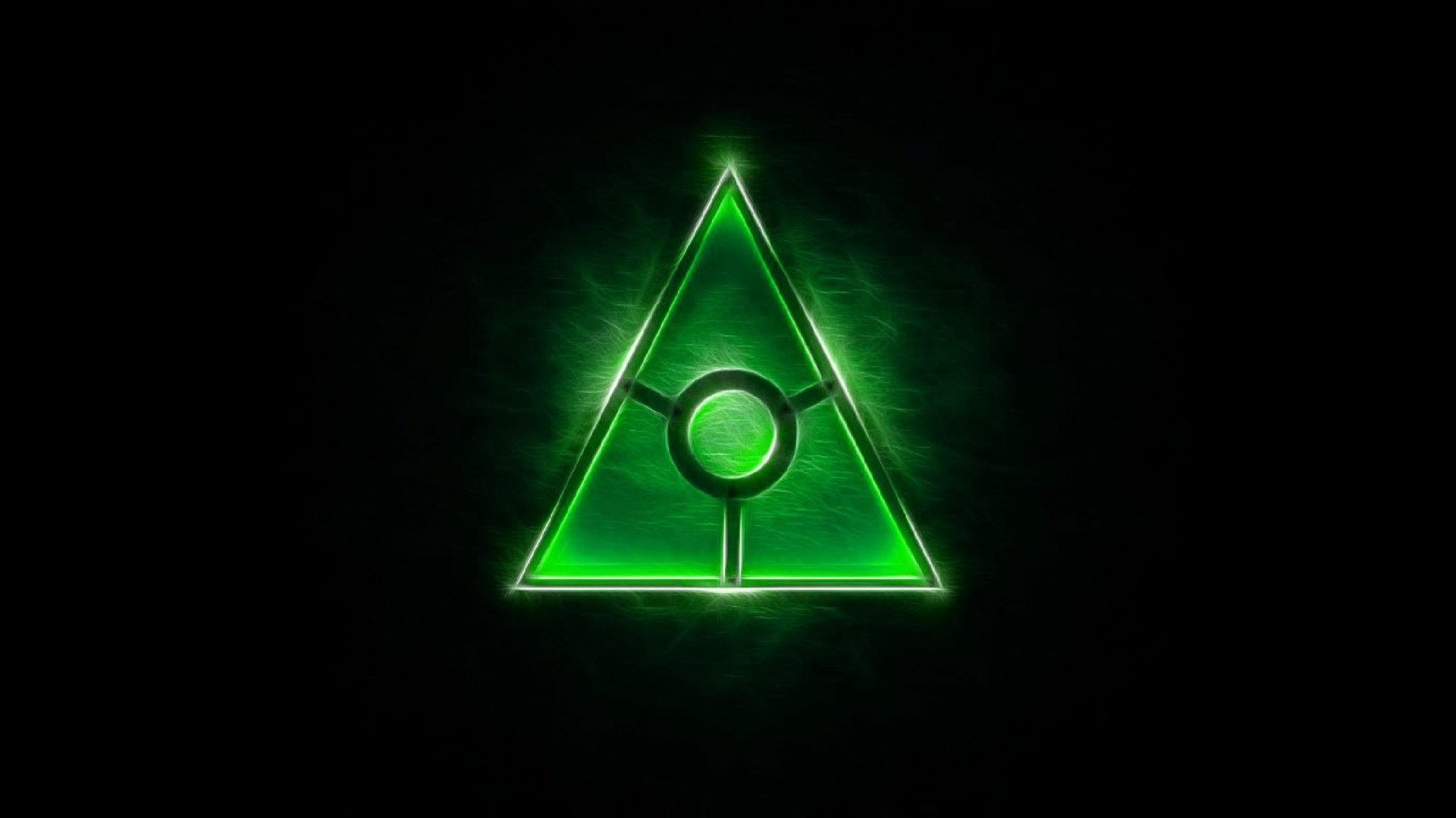 A vibrant green symbol within a glowing triangle, set against a dark background, creates a striking HD desktop wallpaper and background.