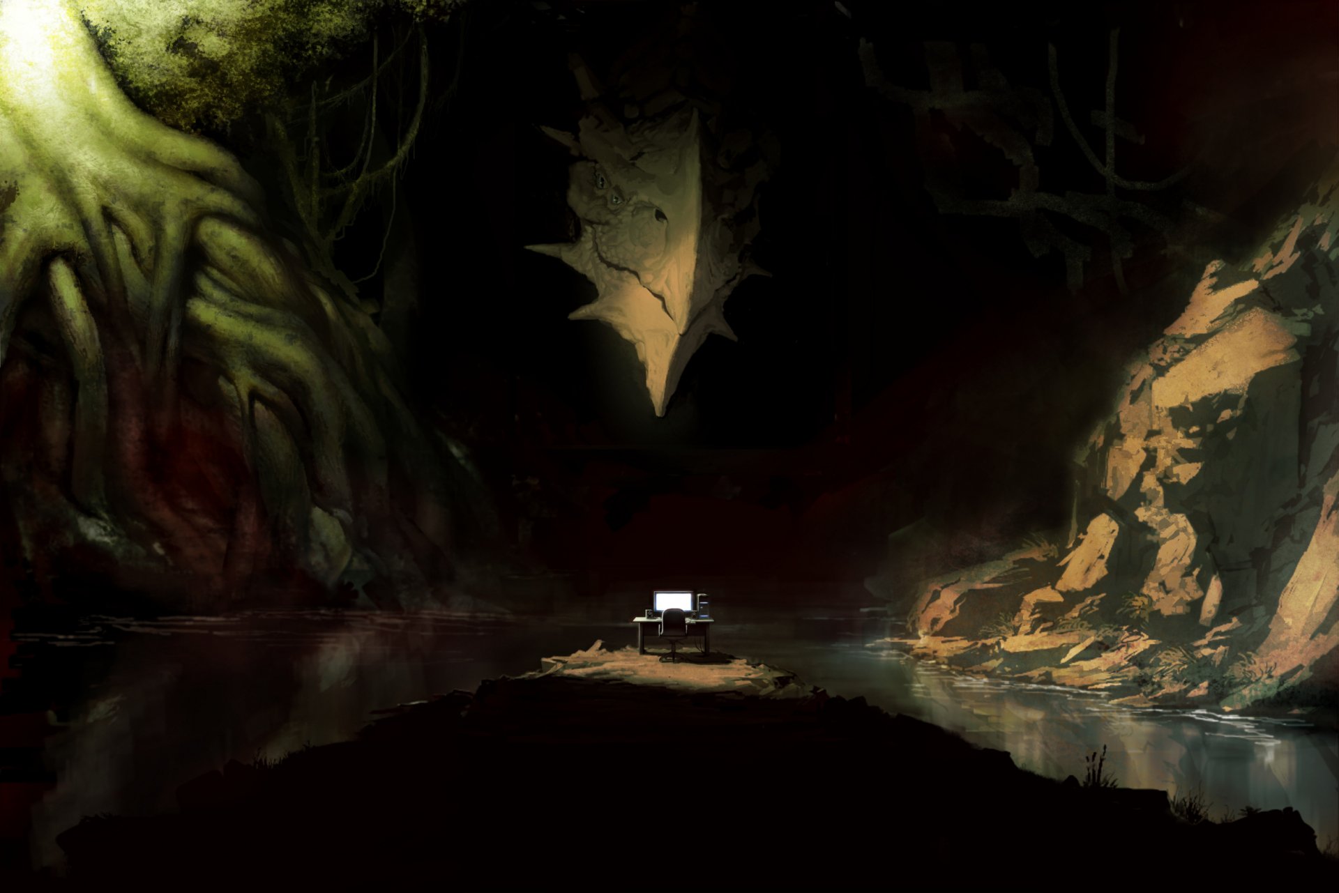 HD fantasy-themed PC desktop wallpaper depicting a dark cavern with a dragon silhouette looming above a small boat on a reflective underground river.