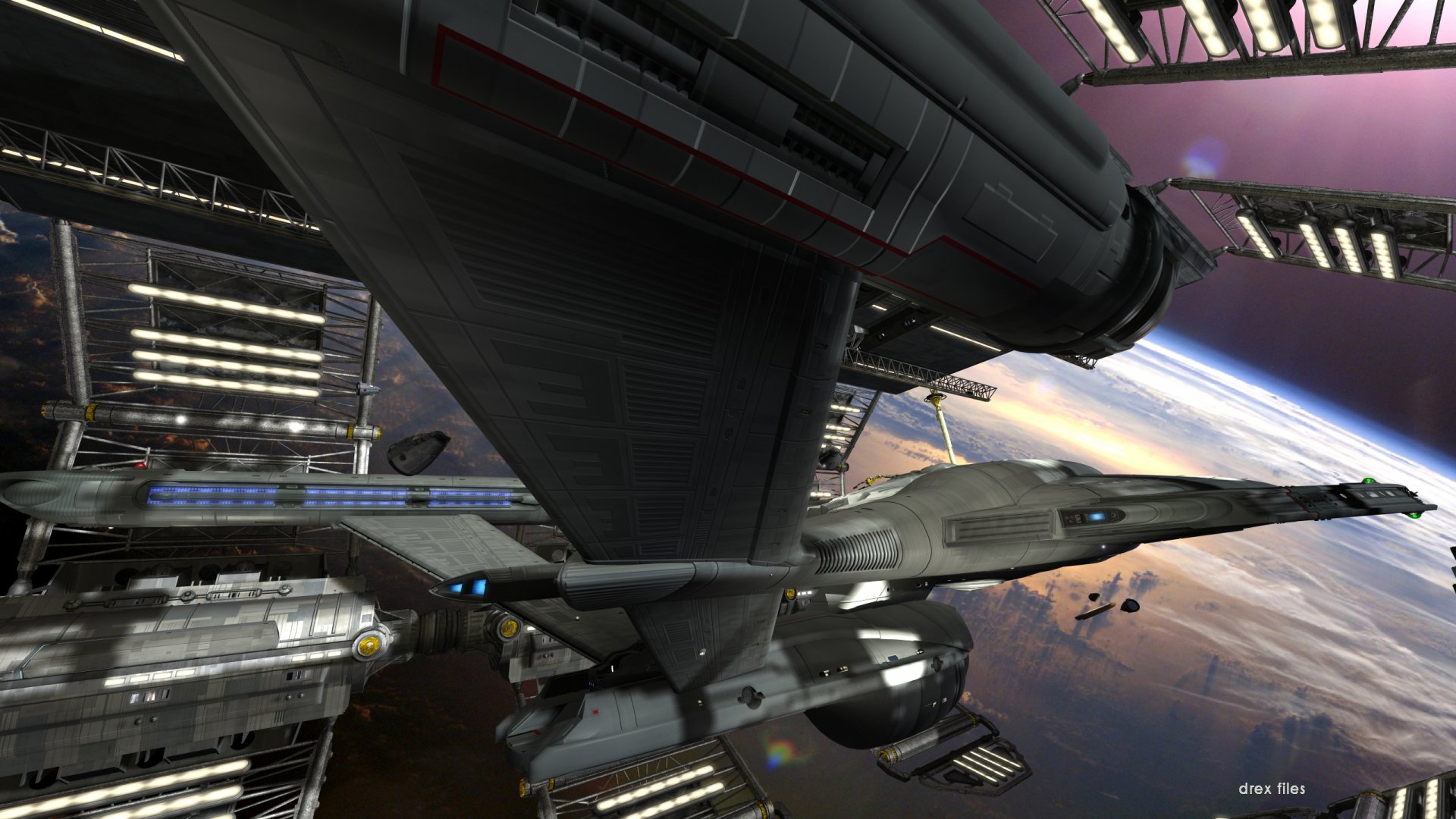 HD Sci-Fi Star Trek wallpaper featuring a detailed spaceship docked at a futuristic space station orbiting a planet, designed for PC desktop backgrounds.