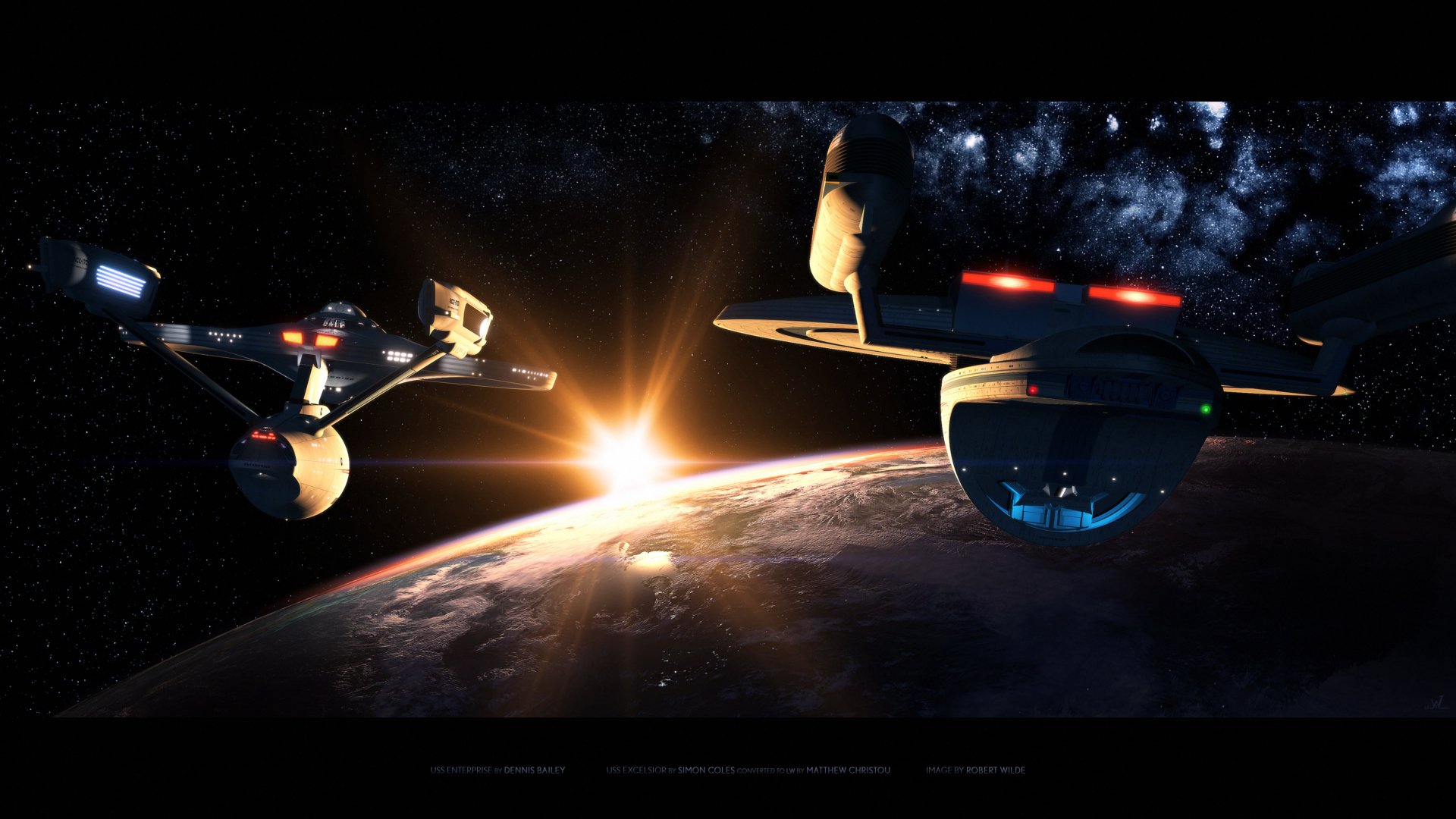 4K Ultra HD Star Trek Sci-Fi wallpaper featuring iconic starships orbiting a planet with a glowing sun and a galaxy backdrop.